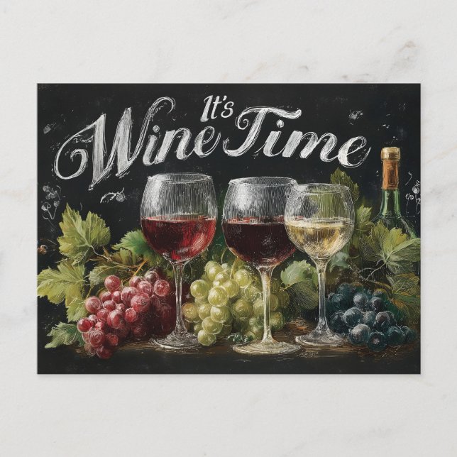 Carte Postale "C'est l'heure du vin" Rustic Chalkboard Art (Devant)