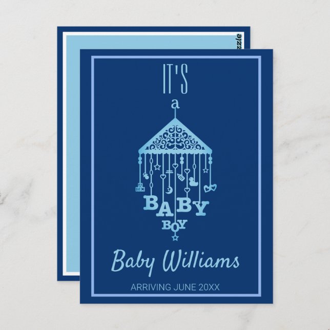 Carte Postale C'est un bébé garçon Faire-part de grossesse bleu (Devant / Derrière)