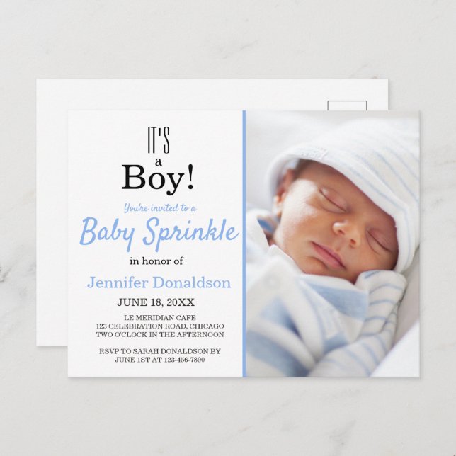 Carte Postale C'est un garçon mignon Bleu Baby Sprinkle Invitati (Devant / Derrière)