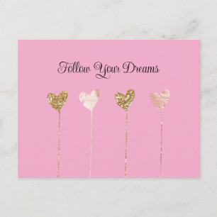 Carte Postale Chaînes de coeurs rose pailleté or pêche crème