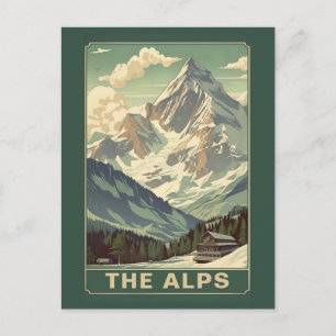 Carte Postale Chalet de montagne de ski de voyage rétro Les Alpe