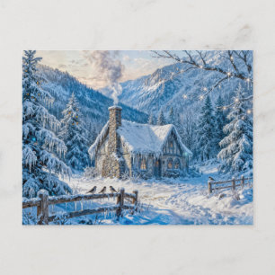 Carte Postale Chalet de montagne enneigé avec fumée et pins Pein