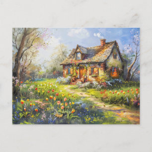 Carte Postale Chalet de printemps avec tulipes Fleur sauvage Pré