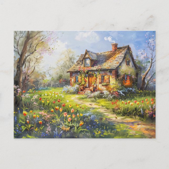 Carte Postale Chalet de printemps avec tulipes Fleur sauvage Pré (Devant)