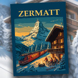 Carte Postale Chalet de ski vintage Zermatt Suisse Matterhorn<br><div class="desc">Dream of Winter dans les Alpes Suisses avec cette carte postale de style vintage Zermatt Suisse. Dotée d'un design classique d'affiches de voyage, cette carte postale paysagère présente un train pittoresque menant à un confortable chalet de ski, avec l'emblématique Cervin en haut dans l'arrière - plan. Pour les amateurs de...</div>