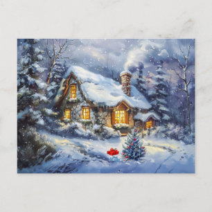 Carte Postale Chalet d'hiver cosy avec arbre de Noël