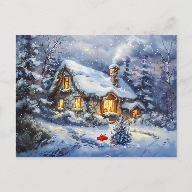 Carte Postale Chalet d'hiver cosy avec arbre de Noël (Devant)