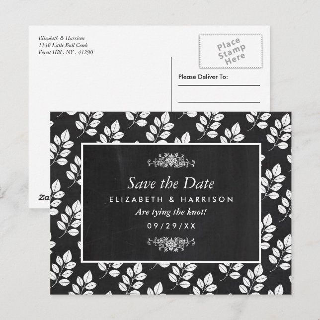 Carte Postale Chalkboard Floral Leaf Wedding Enregistrer La Date (Devant / Derrière)
