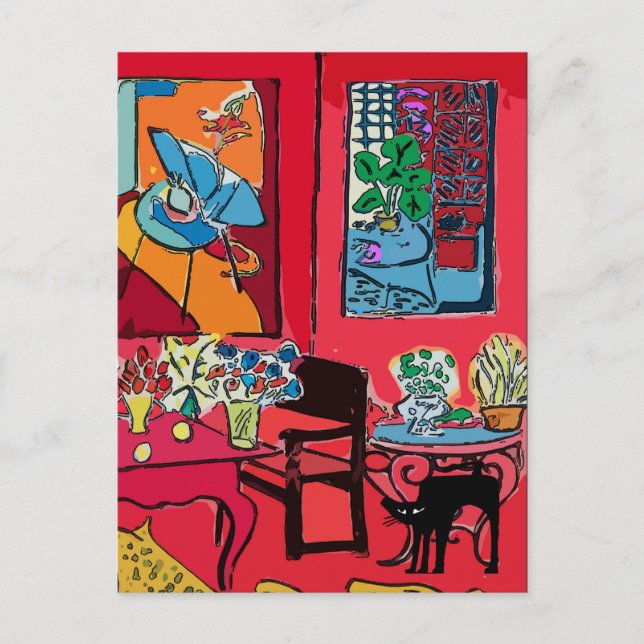 Carte Postale Chambre rouge avec chat noir (Devant)
