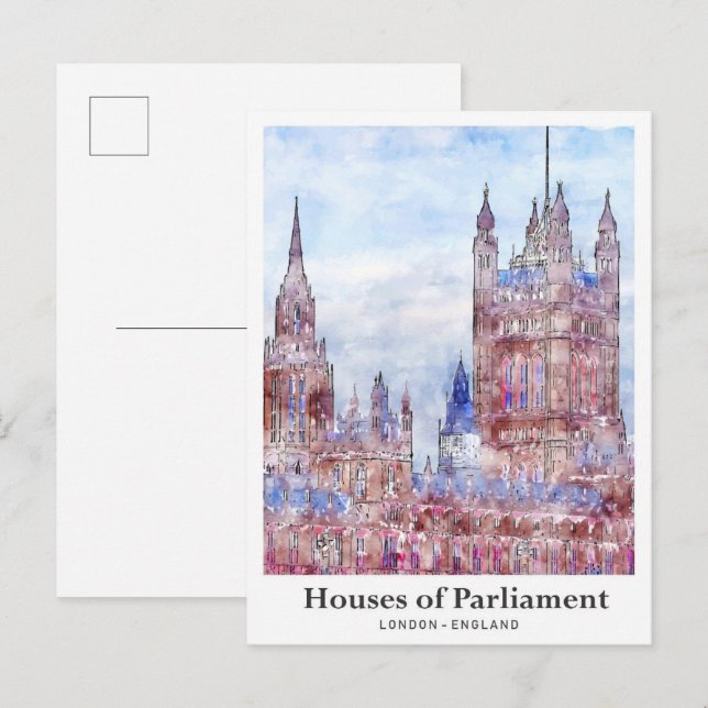 Carte Postale Chambres du Parlement Londres Voyage Aquarelle (Devant / Derrière)