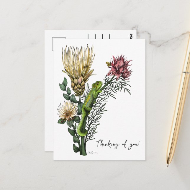 Carte Postale Chaméléon floral blanc élégant - Pensée pour vous (Devant/Arrière en situation)