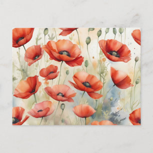 Carte Postale Champ d'aquarelle vibrant de pavots sauvages dans 