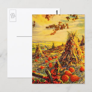 Carte Postale Champ de citrouilles vintage Halloween avec meules