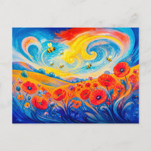 Carte Postale Champ de coquelicots rouges et bleus abstraits ave