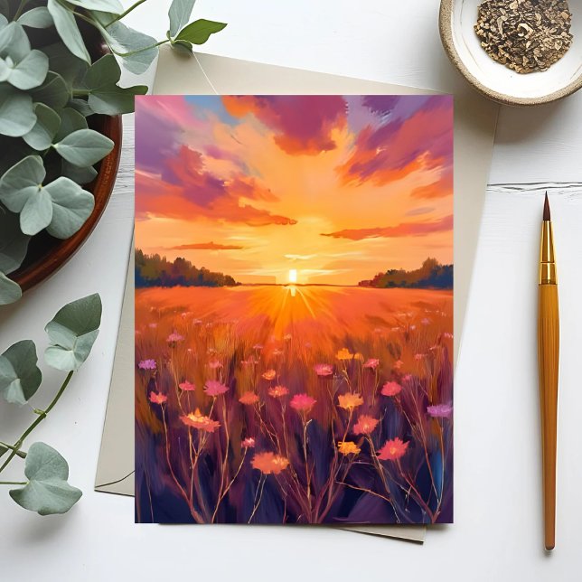Carte Postale Champ de fleurs aquarelle coucher de soleil heure  (Créateur téléchargé)