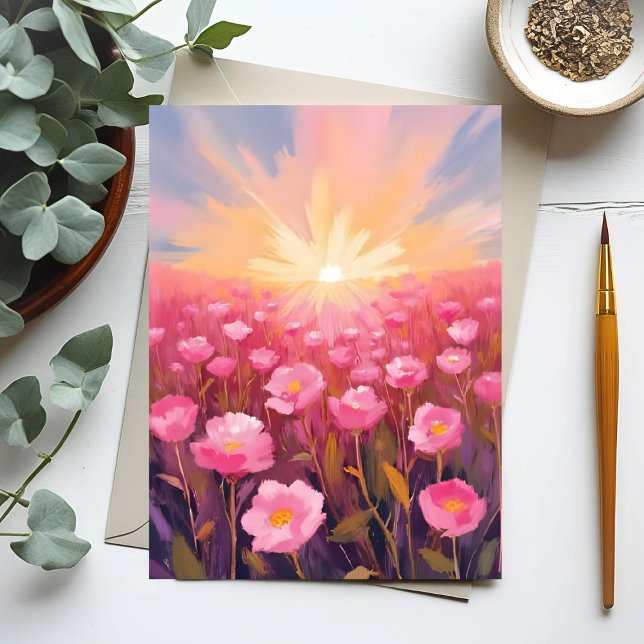 Carte Postale Champ de fleurs rose aquarelle florale (Créateur téléchargé)