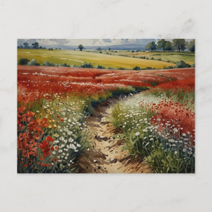 Carte Postale Champ de fleurs rouges et blanches Scène de la na
