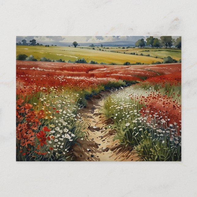 Carte Postale Champ de fleurs rouges et blanches  Scène de la na (Devant)