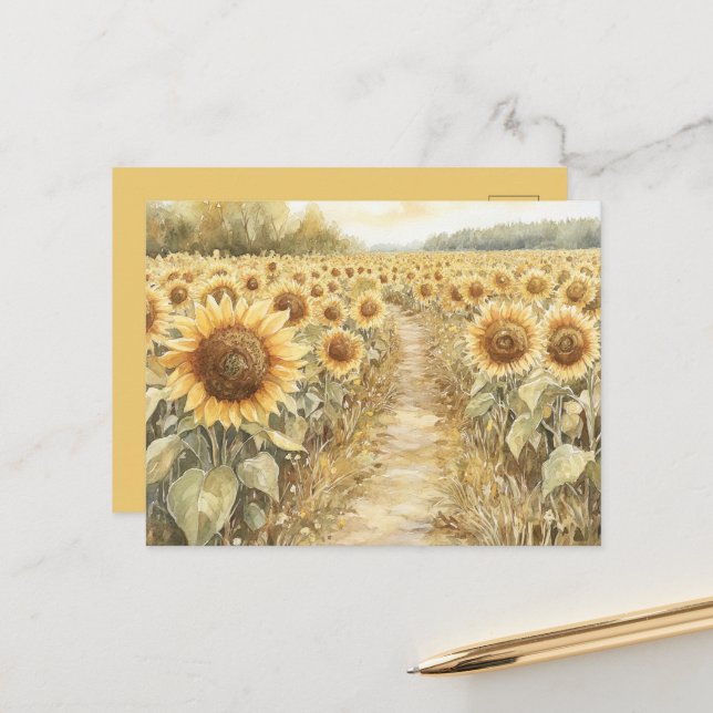 Carte Postale Champ de tournesols jaunes (Devant/Arrière en situation)