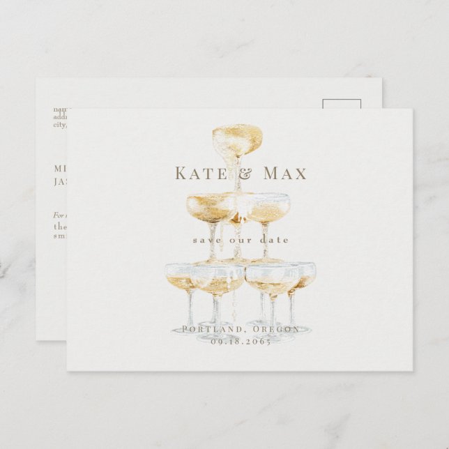 Carte Postale Champagne Elegant Cream Wedding Enregistrer la dat (Devant / Derrière)