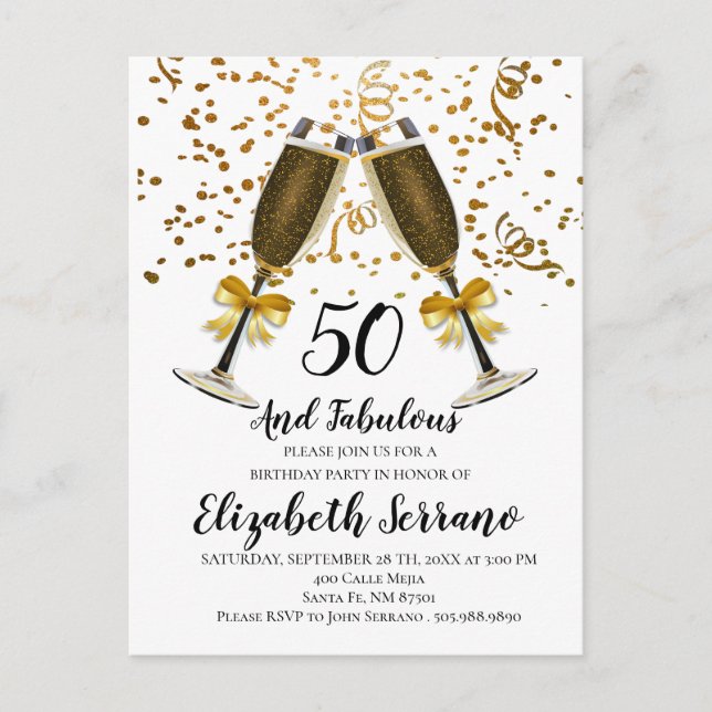 Carte Postale Champagne et Confettis Or 50e Anniversaire  (Devant)