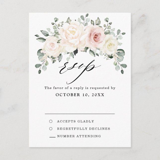 Carte Postale Champagne Ivory Blush Rose Floral Vert RSVP (Devant)