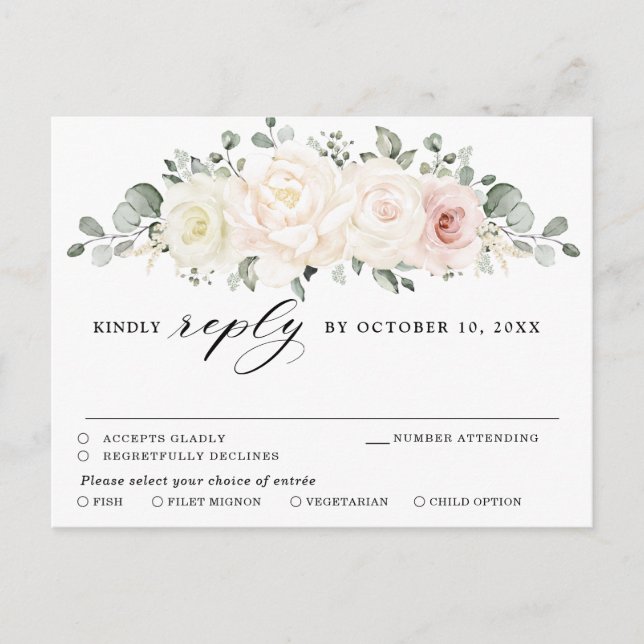 Carte Postale Champagne Ivory Blush Rose Floral Vert RSVP (Devant)