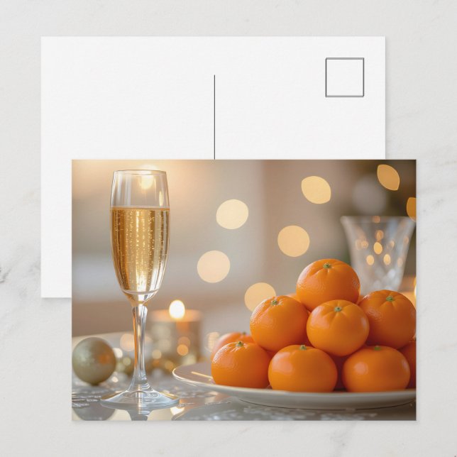 Carte Postale Champagne, mandarines Table de fête festive (Devant / Derrière)