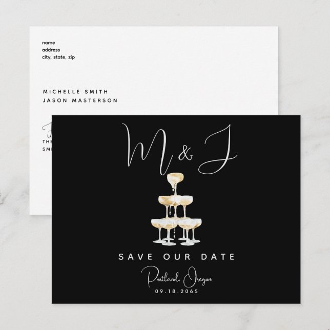 Carte Postale Champagne Modern Black Wedding Enregistrer la Date (Devant / Derrière)