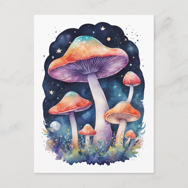 Carte Postale Champignons Cosmiques Style Aquarelle (Devant)
