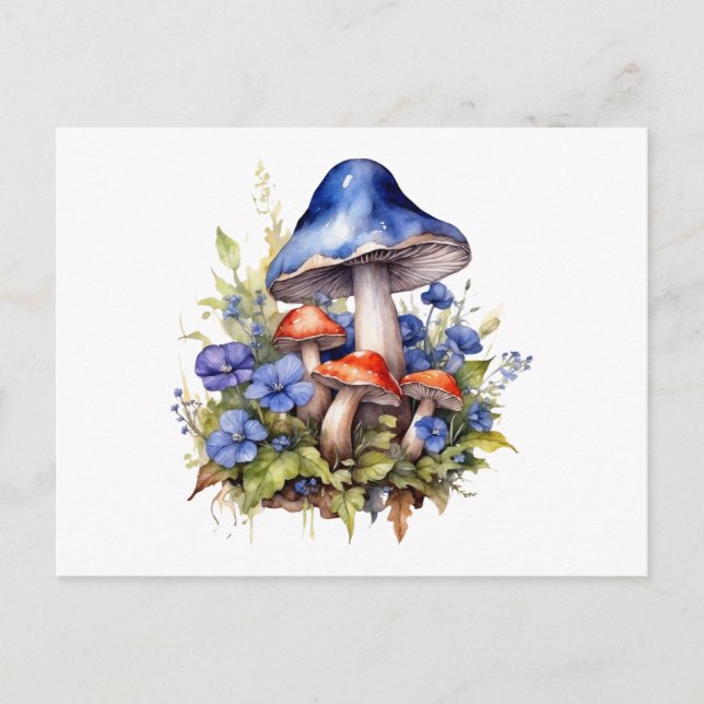 Carte Postale Champignons de forêt et fleurs bleues à l'aquarell (Devant)