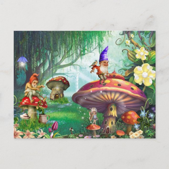 Carte Postale Champignons de gnome enchantés Jardins de fleurs (Devant)