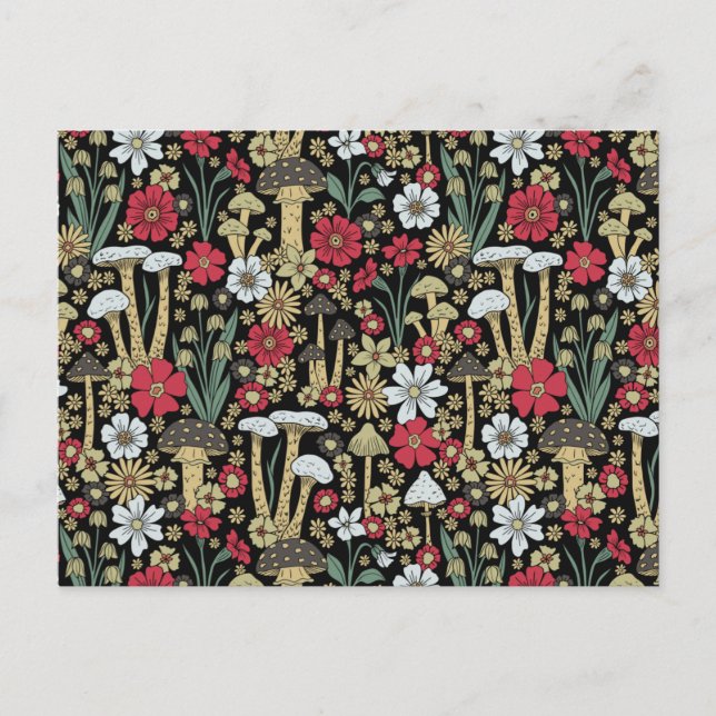 Carte Postale Champignons et fleurs rouges et verts (Devant)