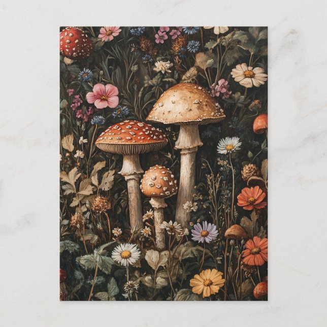 Carte Postale Champignons Whimsical et Botanique Fleur sauvage (Devant)