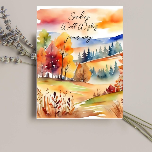 Carte Postale Champs automnaux automne aquarelle paysage bien so (Fall watercolor landscape well wishes postcard autumn fields colorful scenery )