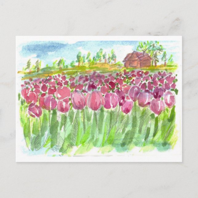 Carte Postale Champs de tulipe rose Aquarelle Moteur Faire-part (Devant)