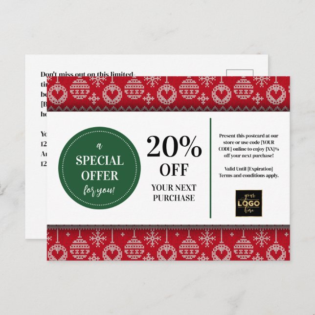 Carte Postale Chandail de Noël Rouge Coupon personnalisé Remise (Devant / Derrière)