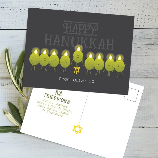 Carte Postale Chandeliers de Hanukkah Olives, Groupe Gris Foncé (Créateur téléchargé)