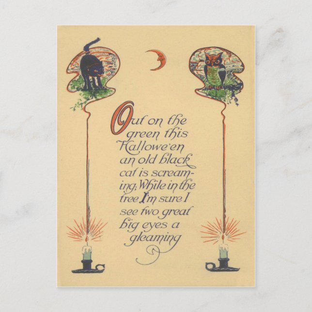 Carte Postale Chandelle Chat Noir Mignon Hibou Croissant de Lune (Devant)