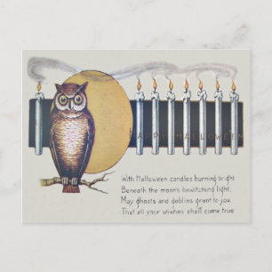 Carte Postale Chandelles de hibou Pleine lune Halloween Vintage