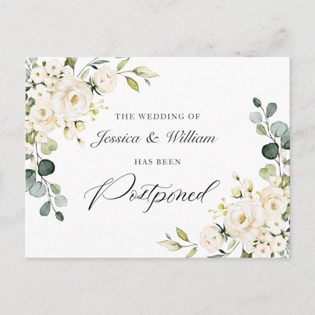 Carte Postale Change the Date Élégant Eucalyptus Roses Blanches (Devant)