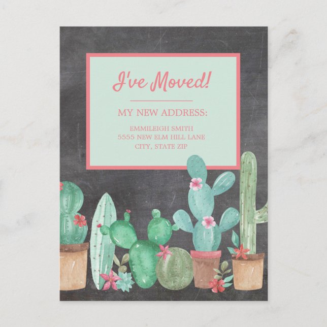 Carte Postale Changement d'adresse Chalkboard Cactus Floral (Devant)