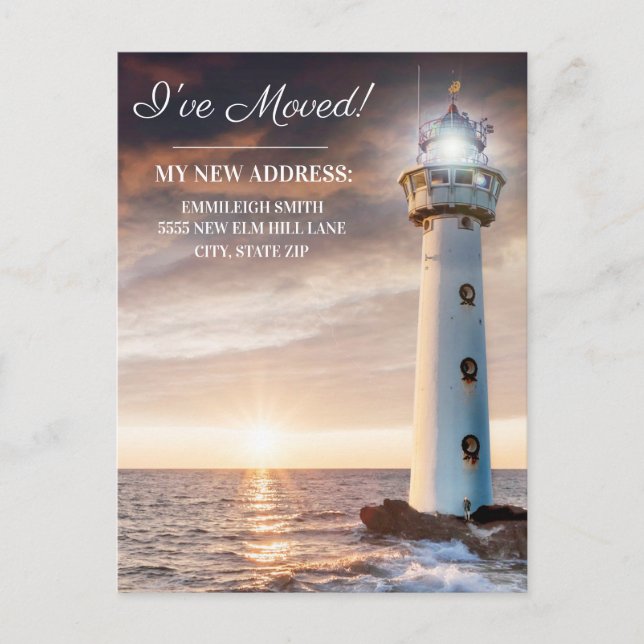 Carte Postale Changement d'adresse phare coucher de soleil côtie (Devant)