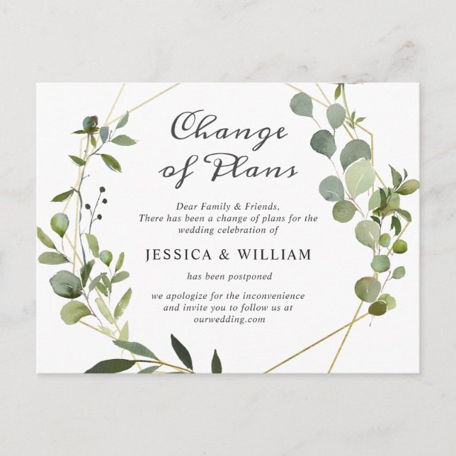 Carte Postale Changement de Plans Élégant Mariage Eucalyptus (Devant)