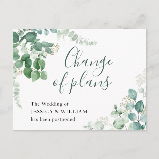 Carte Postale Changement de Plans Élégant Mariage Eucalyptus (Devant)