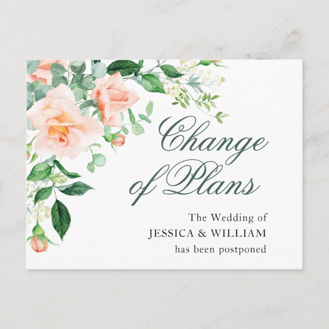 Carte Postale Changement de Plans Elégantes Roses Blush Mariage (Devant)