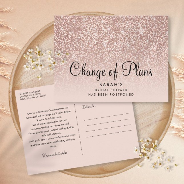 Carte Postale Changement de plans Fête des mariées Rose Parties  (Change of Plans Bridal Shower Rose Gold Glitter Postcard)