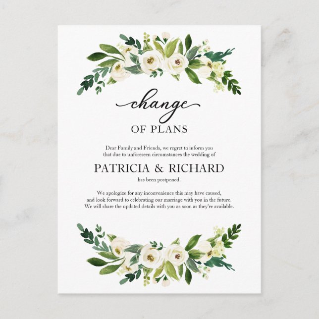 Carte Postale Changement De Plans Mariage Reporté Greenery (Devant)