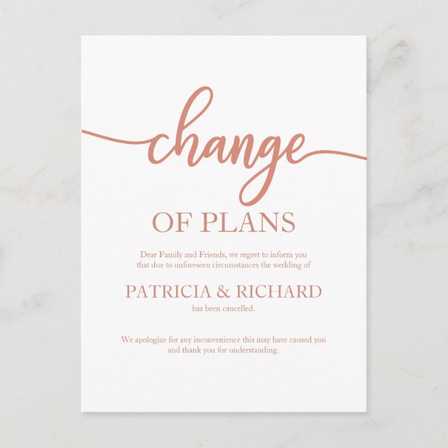 Carte Postale Changement De Plans Mariage Reporté Rose Gold (Devant)