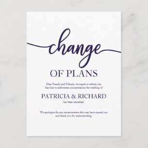 Carte Postale Changement de plans Mariage reporté Script Navy Bl